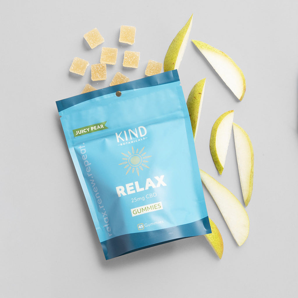 Kind Relax Gummies with pears on side. 